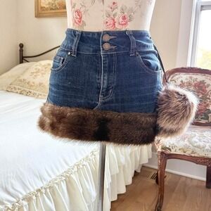 Y2k jean fur mini skirt  Y2K refuge denim mini skirt size 2 upcycled